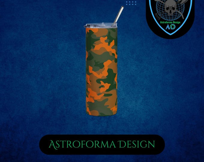 Orange Green Woodland Camo Tumbler - 20oz Insulated Stainless Steel Outdoor Gamer Gift