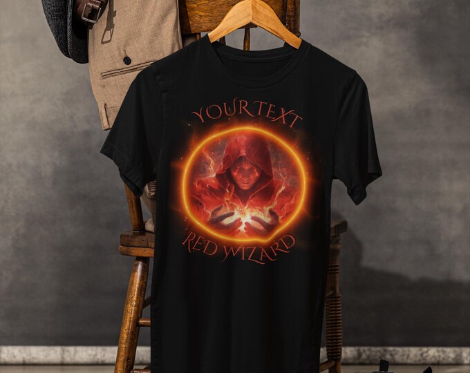 Men's Red Wizard V-Neck T-Shirt | Custom Tabletop Game Shirt | Perfect for MTG, Dungeon Masters, and Tabletop Gamers