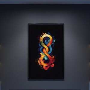 May include: A framed artwork featuring a vibrant, abstract design. The artwork showcases intertwined, flowing shapes in a spectrum of colors, including yellow, orange, blue, and red, set against a black background. The piece is mounted on a dark gray wall.