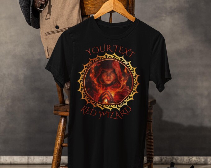 Women's Red Wizard V-Neck T-Shirt | Custom Tabletop Game Shirt | Perfect for MTG, Dungeon Masters, and Tabletop Gamers