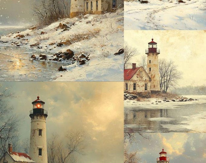 Digital Download Pack: 10 Stunning Michigan Lighthouse Oil Paintings in Winter