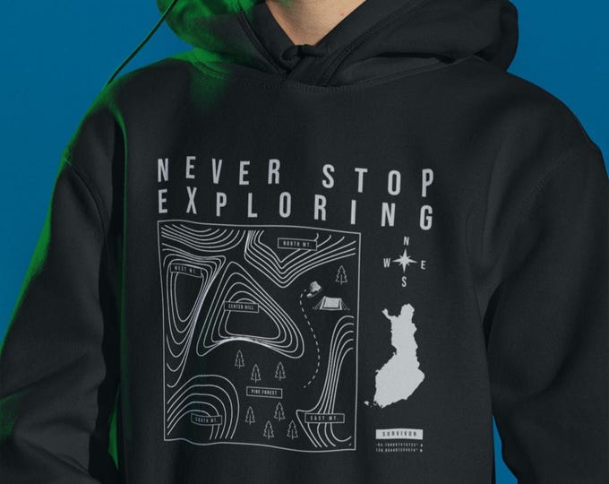 Never Stop Exploring Hoodie - Topo Map Military Gamer sweater