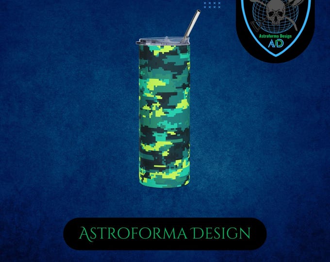 Lime Green Teal Pixel Camo Tumbler - 20oz Insulated Stainless Steel Retro Gamer Gift