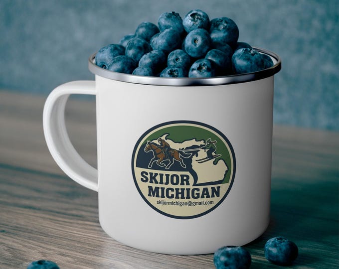 Saddle Up & Send It! Skijor Michigan Stainless Steel Enamel Coated Camping Mug
