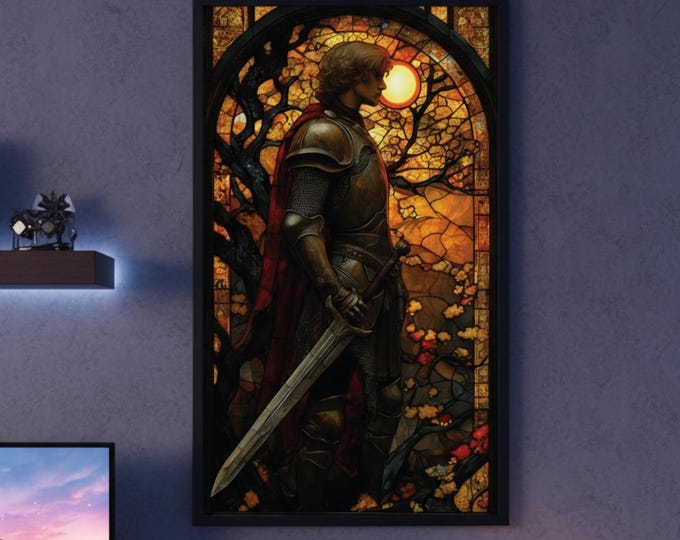 Gothic Knight Stained Glass Poster | Fantasy Warrior Gaming Room Wall Art