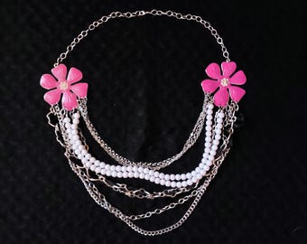 Fae Court Blossom Statement Necklace | Hot Pink Flower Focal Accents, Multi-Layer Silver Chain & Bead Bib