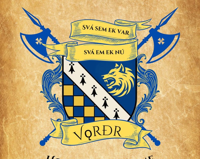 Custom Family Crest Digital Download | Personalized Coat of Arms Design with Heraldic Scroll, Blazon & Motto Illustration