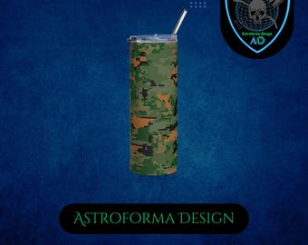 Green Orange Woodland Digital Camo Tumbler - 20oz Insulated Stainless Steel Craft Gamer Gift