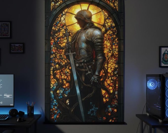 Golden Helm Knight Stained Glass Poster | Epic Fantasy Gaming Wall Art