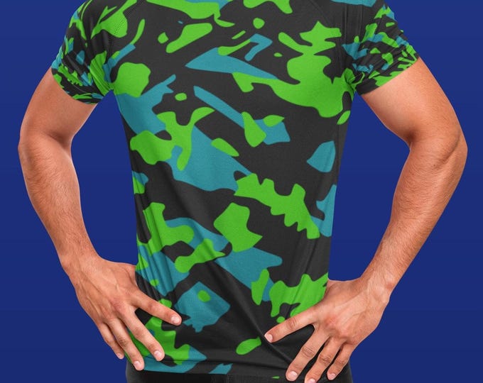 Teal Green Black Abstract Camo T-Shirt - Gamer Tee Short Sleeve