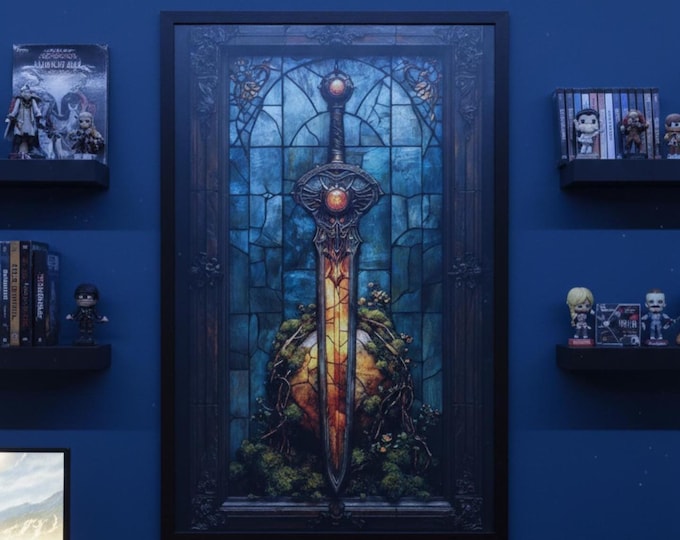 Enchanted Sword Stained Glass Poster | Fantasy Gaming Room Wall Art