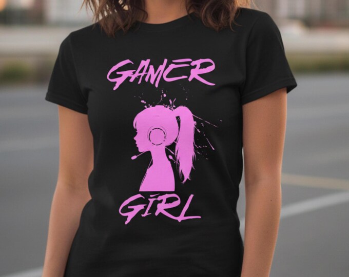 Gamer Girl T-Shirt | Pink Silhouette Headset Tee | Women PC Gamer Apparel
