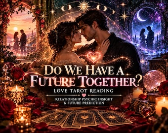 May include: A digital illustration featuring a couple in an intimate embrace, surrounded by red roses, lit candles, and tarot cards. The text reads: DO WE HAVE A FUTURE TOGETHER? LOVE TAROT READING RELATIONSHIP PSYCHIC INSIGHT & FUTURE PREDICTION.