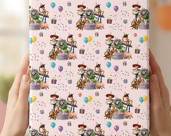 May include: A gift wrapped in patterned paper featuring cartoon characters, balloons, and confetti on a pink background. The design includes images of a cowboy, a pig, and other characters, perfect for a birthday or special occasion.