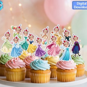Custom Face Princess Cupcake Toppers, Printable Girl Birthday Party Decor