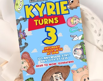 May include: A blue and yellow birthday invitation with a cartoon image of characters from the Toy Story movie franchise. The invitation says "Please join us to celebrate Kyrie turns 3". The invitation also includes the date, time, and address of the party.