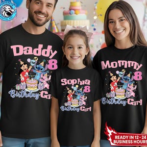 Camisetas familiares personalizadas de cumpleaños de Lilo y Stitch, camisetas personalizadas con nombre y edad. imagen 1
