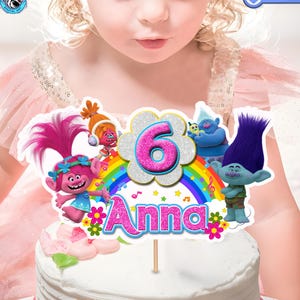 Download digitale della decorazione per torta di compleanno Trolls, forniture per feste di compleanno Trolls Band Together, decorazioni per feste Trolls Poppy personalizzate stampabili