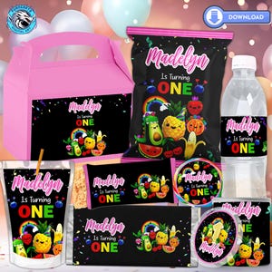 Pacchetti stampabili per feste di compleanno sensoriali Hey Bear, download digitale di frutta danzante per il compleanno, decorazioni per feste Hey Bear a base di frutta