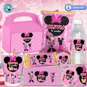 Printable Minnie Mouse Birthday Party Bundles, Minnie Party Favors Digital Download, Minnie 1st Birthday Watercolor Print File