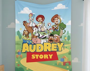 Toy Story Kids Blanket, Personalized Name Cartoon Design, Custom Colorful Bedroom Throw