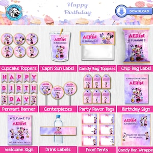 Printable Minnie Mouse Birthday Party Bundles, Girls Birthday Party Decorations Digital, Pink Minnie Mouse Party Download