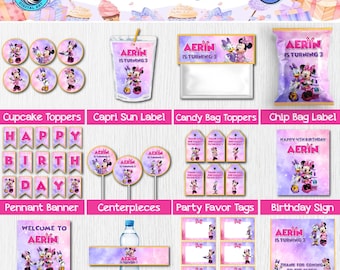 Afdrukbare Minnie Mouse-verjaardagsbundel: roze versieringen (digitale download)
