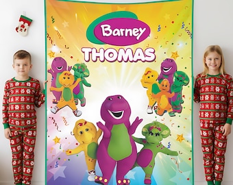 Personalized Barney Blanket: Custom Name Purple Dinosaur Fleece Throw