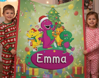 Personalized Christmas Barney Fleece Blanket, Holiday Keepsake