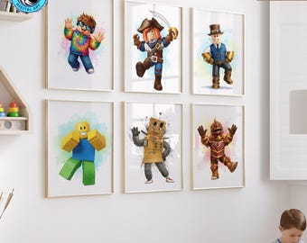 May include: Six framed prints featuring watercolor illustrations of cartoon characters in various costumes. The characters include a pirate, a robot, and a knight, among others. The prints are displayed on a white wall.