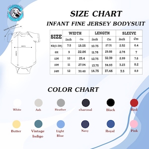 Puede incluir: Tabla de tallas y colores para un body de punto fino para beb&eacute;. La tabla de tallas incluye medidas en pulgadas y cent&iacute;metros para el ancho, el largo y el largo de la manga. La tabla de colores muestra varios colores, incluyendo blanco, negro y rojo.