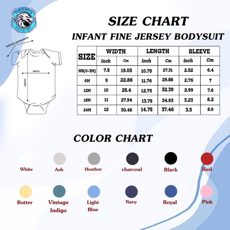 Puede incluir: Tabla de tallas y colores para un body de punto fino para beb&eacute;. La tabla de tallas incluye medidas en pulgadas y cent&iacute;metros para el ancho, el largo y el largo de la manga. La tabla de colores muestra varios colores, incluyendo blanco, negro y rojo.