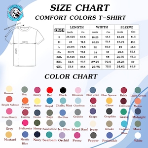 Puede incluir: Una tabla de tallas de camisetas blancas con medidas en pulgadas y cent&iacute;metros. La tabla incluye tallas de la S a la 4XL, con dimensiones de largo, ancho y manga. Una carta de colores muestra varios colores como negro, rojo y azul.
