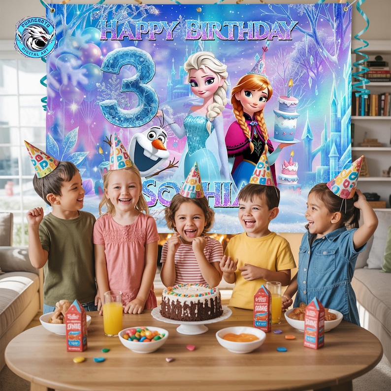 May include: A birthday party scene with a banner that reads "Happy Birthday" and features characters from the movie Frozen. Six children wearing party hats are gathered around a table with a cake, snacks, and drinks. The banner has the number 3 and the name "Sophia".