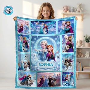 Personalized Frozen Blanket, Custom Name Elsa and Anna Collage Throw for Girls