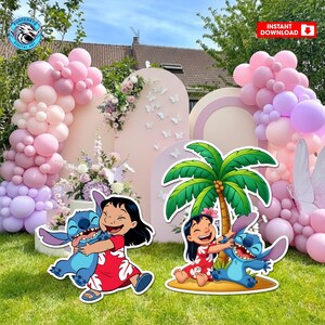 May include: A vibrant outdoor party scene with cartoon cutouts of Lilo and Stitch. The background features pink balloon arches, floral arrangements, and a backdrop with butterfly cutouts. The words "Instant Download" are visible in the top right corner.