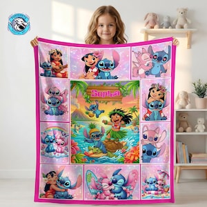May include: A pink throw blanket featuring a collage of cartoon characters in various scenes. The blanket has a hot pink border and includes the name "Sophia" in the center. The characters are in a tropical setting.