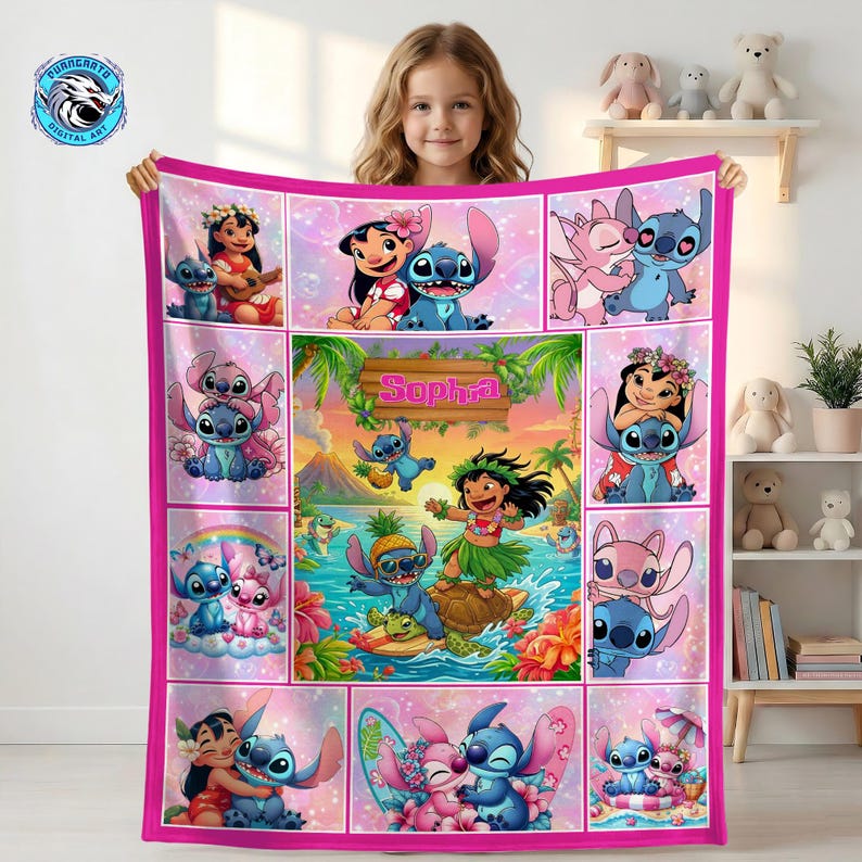 May include: A pink throw blanket featuring a collage of cartoon characters in various scenes. The blanket has a hot pink border and includes the name "Sophia" in the center. The characters are in a tropical setting.
