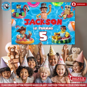 Może przedstawiać: Baner urodzinowy z napisem "JACKSON IS TURNING 5" i postaciami z kreskówek na pływakach basenowych. Baner znajduje się nad grupą dzieci w czapkach urodzinowych. Tekst na dole brzmi "I CAN CREATE CUSTOM DESIGNS BASED ON ANY CARTOON THEME OR YOUR OWN IDEAS!"