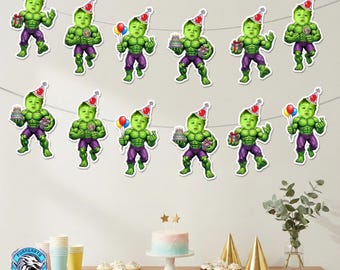 Custom Photo Hulk Banner, Personalized Superhero Birthday Decor, Green Monster Face Garland