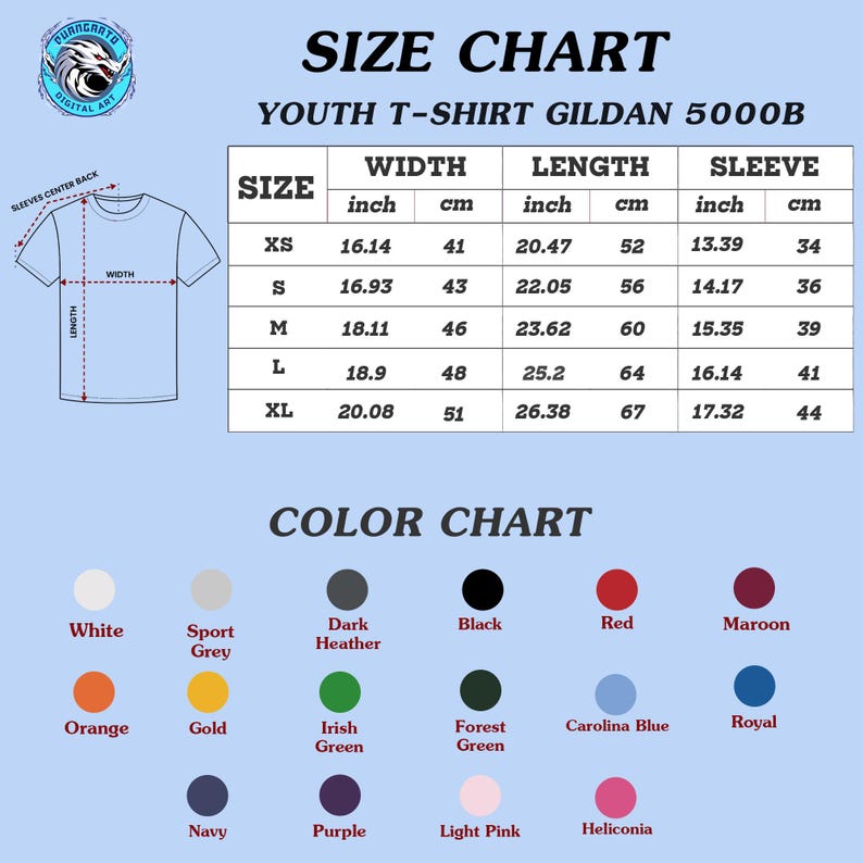 Puede incluir: Tabla de tallas y colores para camisetas juveniles Gildan 5000B. La tabla de tallas incluye medidas en pulgadas y cent&iacute;metros para ancho, largo y manga. La tabla de colores muestra varios colores, incluyendo blanco, negro, rojo y azul marino.