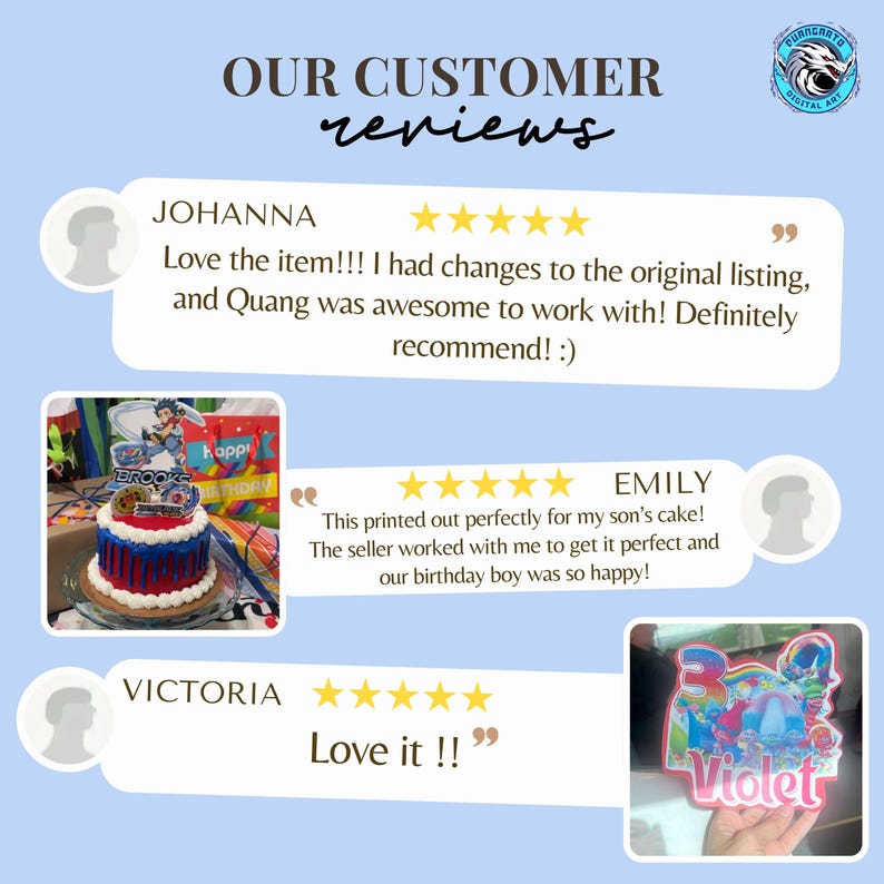 May include: Image showcasing customer reviews with five-star ratings. The reviews mention satisfaction with the product and service. The image includes a cake with a superhero theme and a cake topper with the name "Violet". The text "OUR CUSTOMER reviews" is at the top.