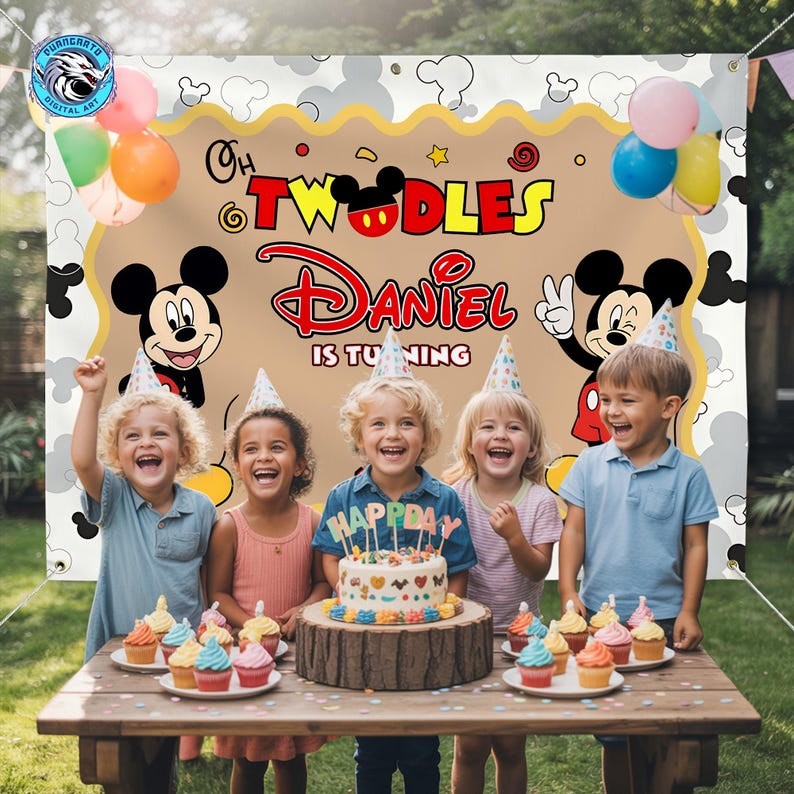 Personalized Mickey Mouse Birthday Backdrop, Custom Oh Twodles Party Decor image 4