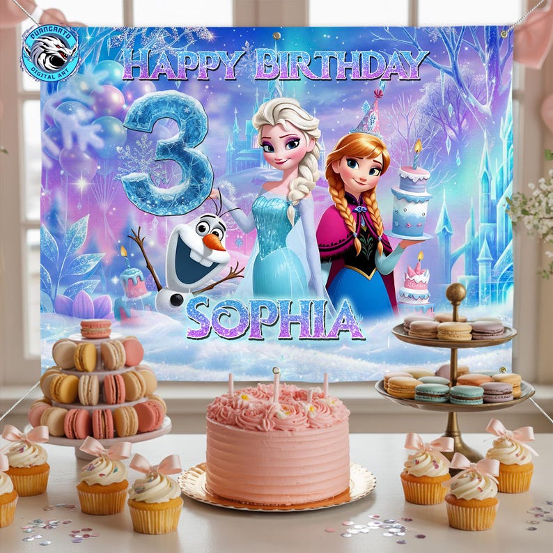 May include: A birthday party scene featuring a backdrop with the text "Happy Birthday" and the number "3", along with the name "Sophia". The backdrop showcases animated characters. A pink cake, cupcakes, and macarons are on the table.
