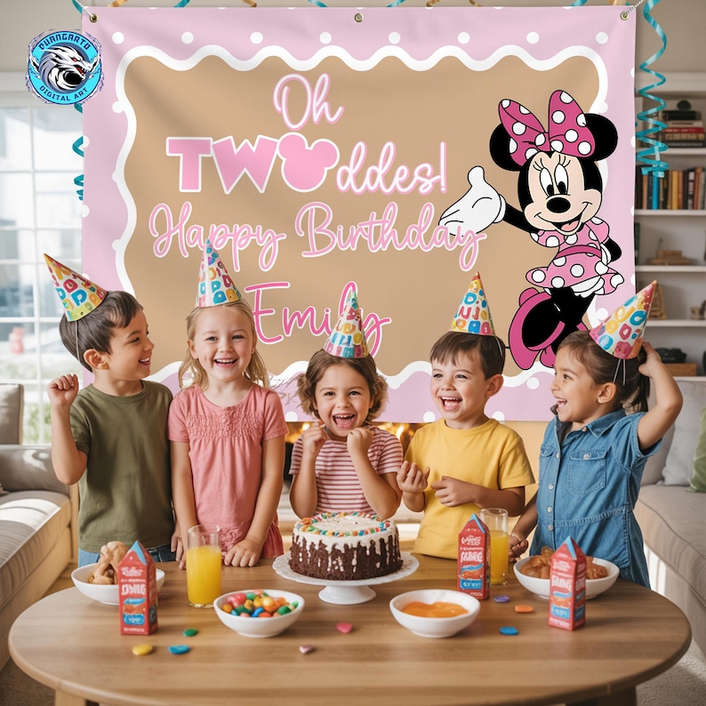 May include: A rectangular party banner featuring a light pink border with white polka dots, a tan center, and the text Oh TWOddes! Happy Birthday Emily. A cartoon mouse character with a pink polka dot bow and dress is on the right side.