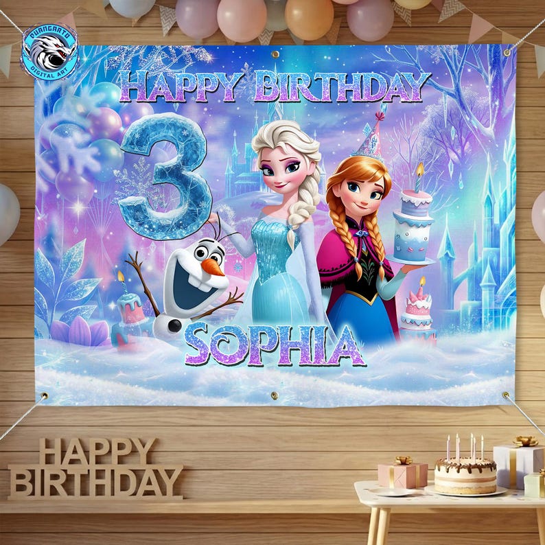 May include: A banner with the text "HAPPY BIRTHDAY" and "3" in a blue ice-like font. The banner features illustrations of Elsa, Anna, and Olaf from the movie Frozen, with the name "SOPHIA" below. The background includes a winter scene.