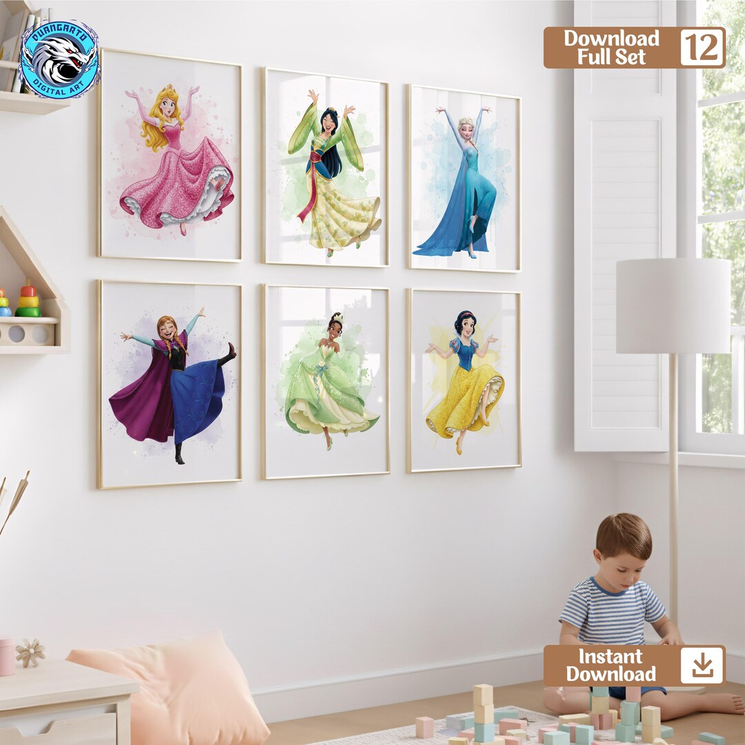 Disney Princess Wall Art: Set of 6 Printable Nursery Decor (digital ...