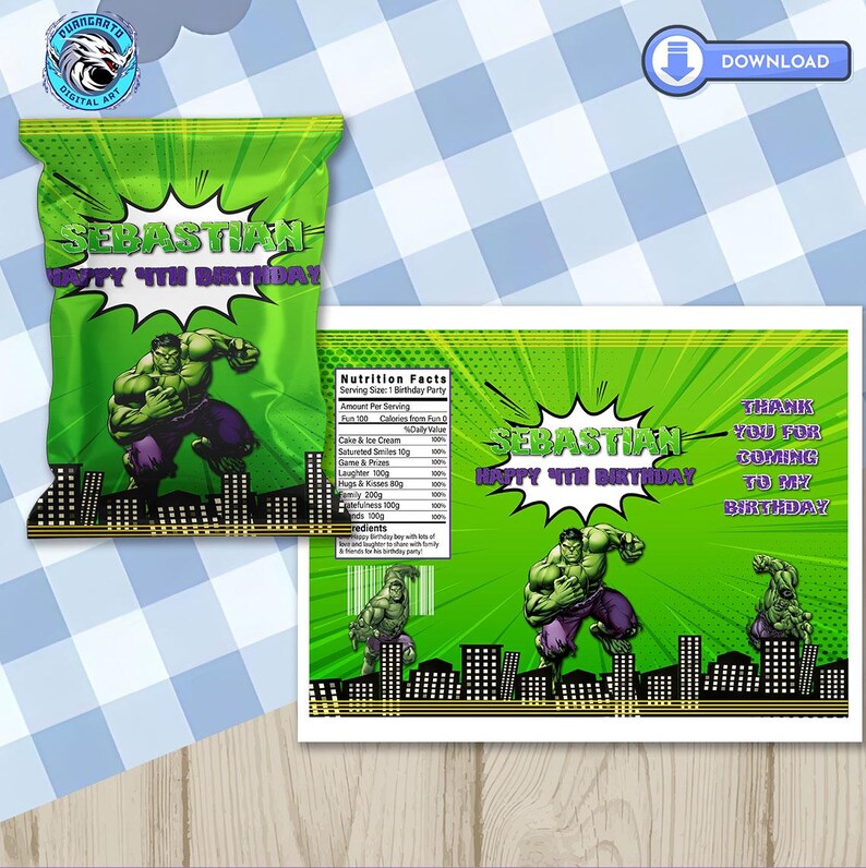 Hulk Labels Printable Hulk Birthday Chip Bag: Custom Party Favor Label (digital ...