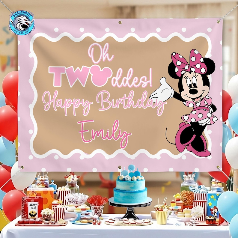 May include: A rectangular pink and tan birthday banner featuring a scalloped white border with polka dots. The text reads Oh TWOddes! Happy Birthday Emily. A graphic of Minnie Mouse wearing a pink polka dot dress and bow is on the right side.