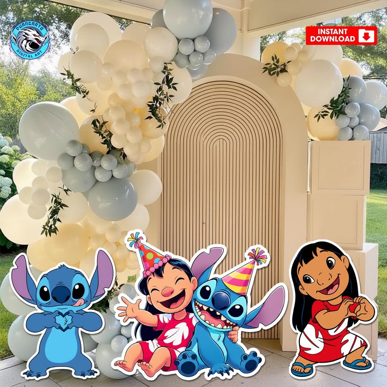 May include: A party backdrop featuring cartoon cutouts of Lilo and Stitch, with a balloon arch in white, cream, and gray. The backdrop includes a wooden arch and the words "Instant Download".